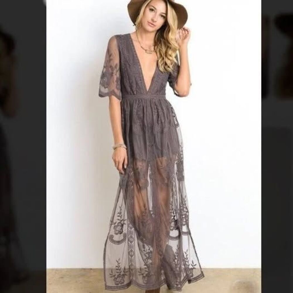 Wishlist Deep V Lace Mesh Maxi Dress Romper Whimsigoth Fairy Festival Boho Sz L
